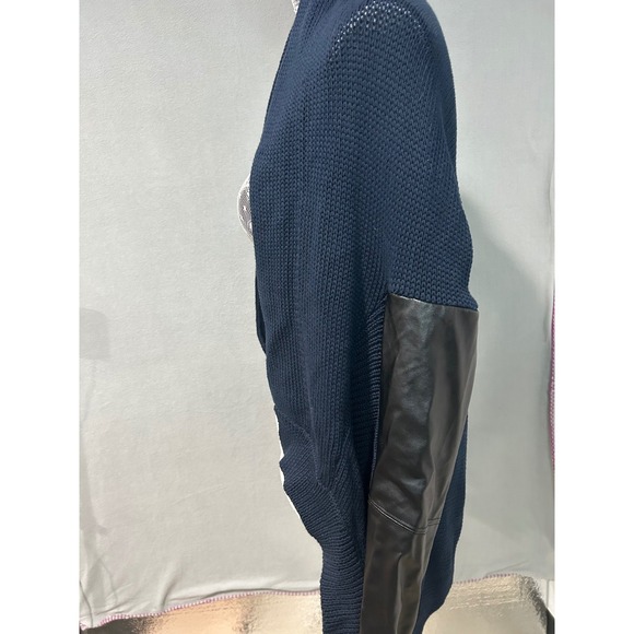 Aryn K Sweaters - ARYN K Womens Navy Blue Knit Cardigan Faux Leather Sleeve Shawl Collar Size L